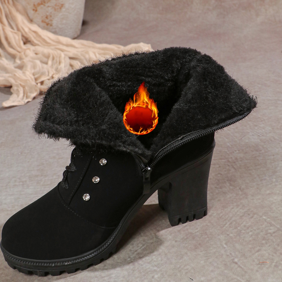 Women's Fashionable Rhinestone Fleece Lining Waterproof and Non-slip Chunky-heeled Boots