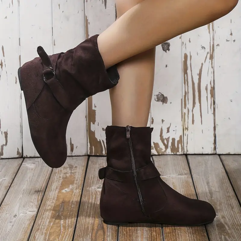 Women's Slouchy Ankle Boots, Solid Color Round Toe Side Zipper Short Boots, Comfortable Flat Boots