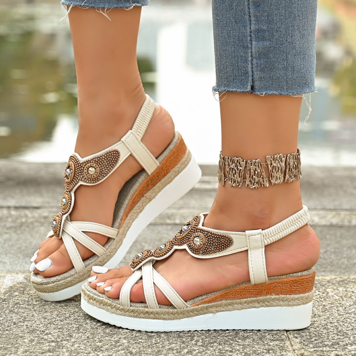 Women's Fashion Rhinestone Platform Wedge Sandals Beach Sandals