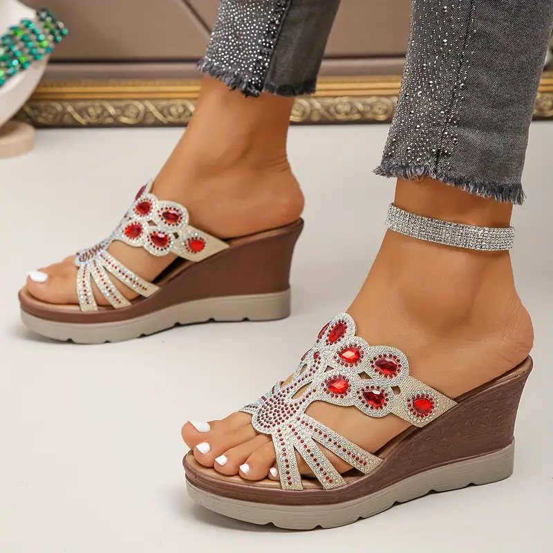 Women‘s Rhinestone Decor Comfortable Platform Wedge Heeled Sandals 