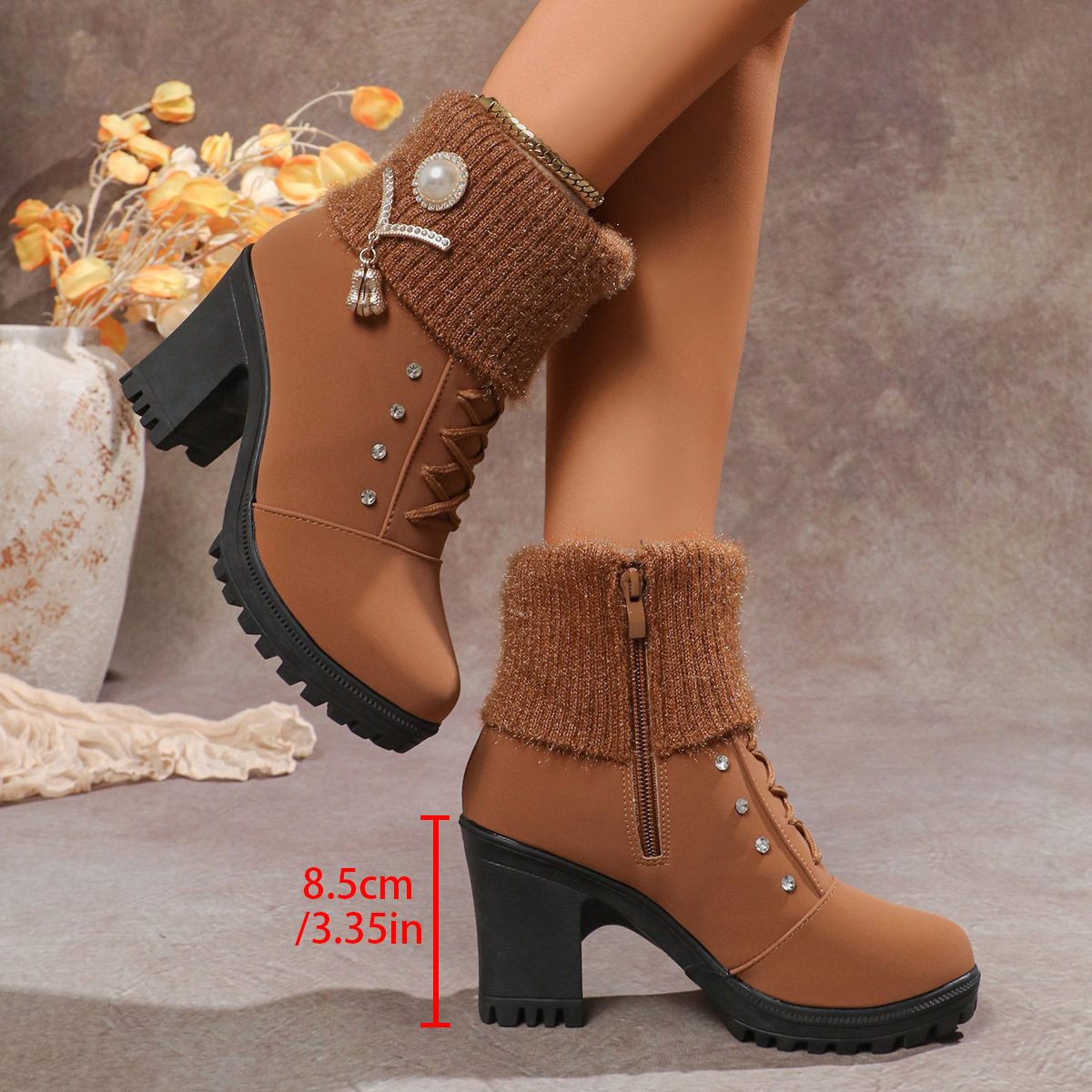 Women's Fashionable Rhinestone Fleece Lining Waterproof and Non-slip Chunky-heeled Boots
