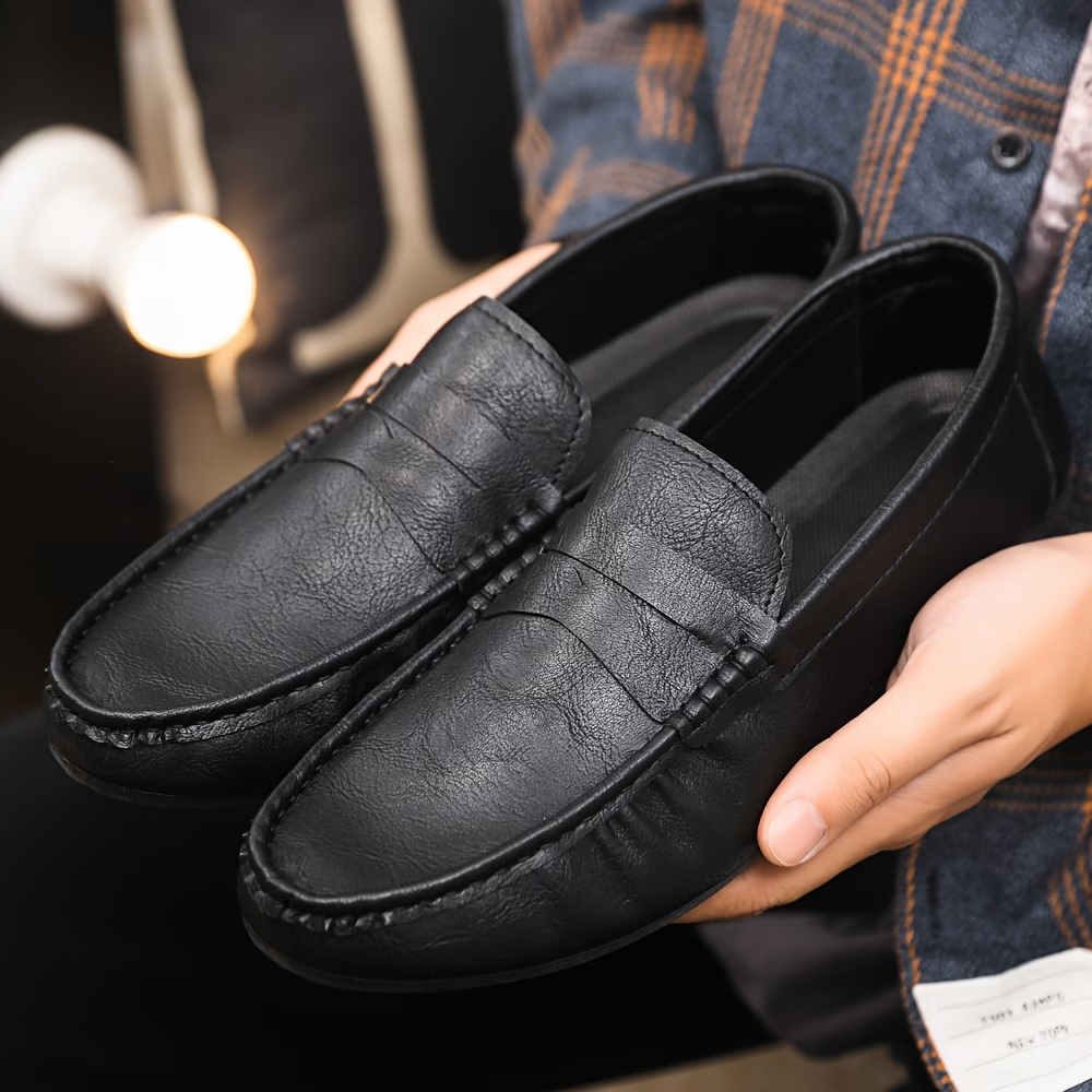 Men's British Style Soft & Comfortable & Lightweight Leather Slip-On Loafers Business Flat Shoes