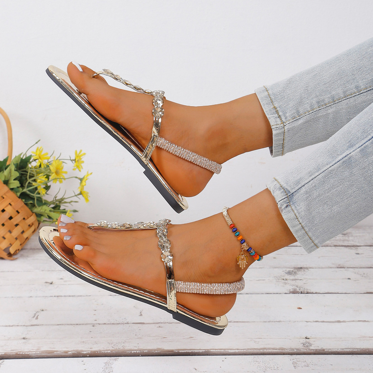 Women's Rhinestone Crystal Elastic Slingback Thong Flat Summer Sandals