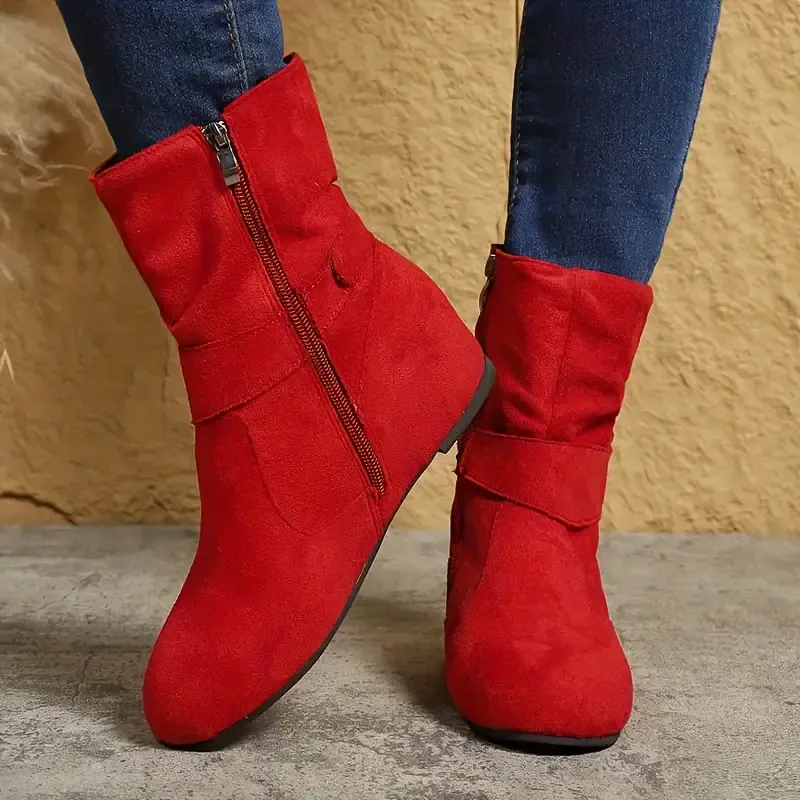 Women's Slouchy Ankle Boots, Solid Color Round Toe Side Zipper Short Boots, Comfortable Flat Boots