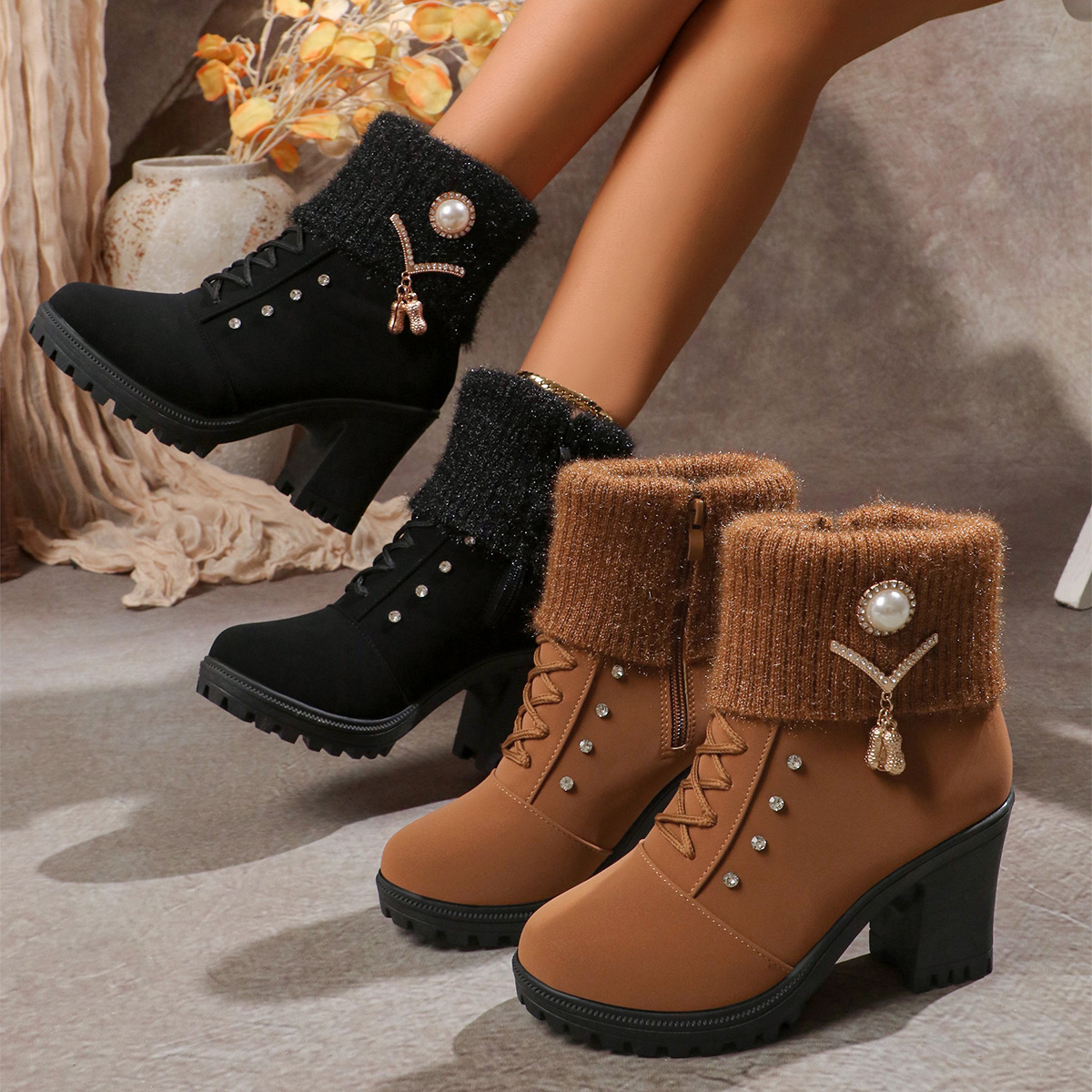 Women's Fashionable Rhinestone Fleece Lining Waterproof and Non-slip Chunky-heeled Boots