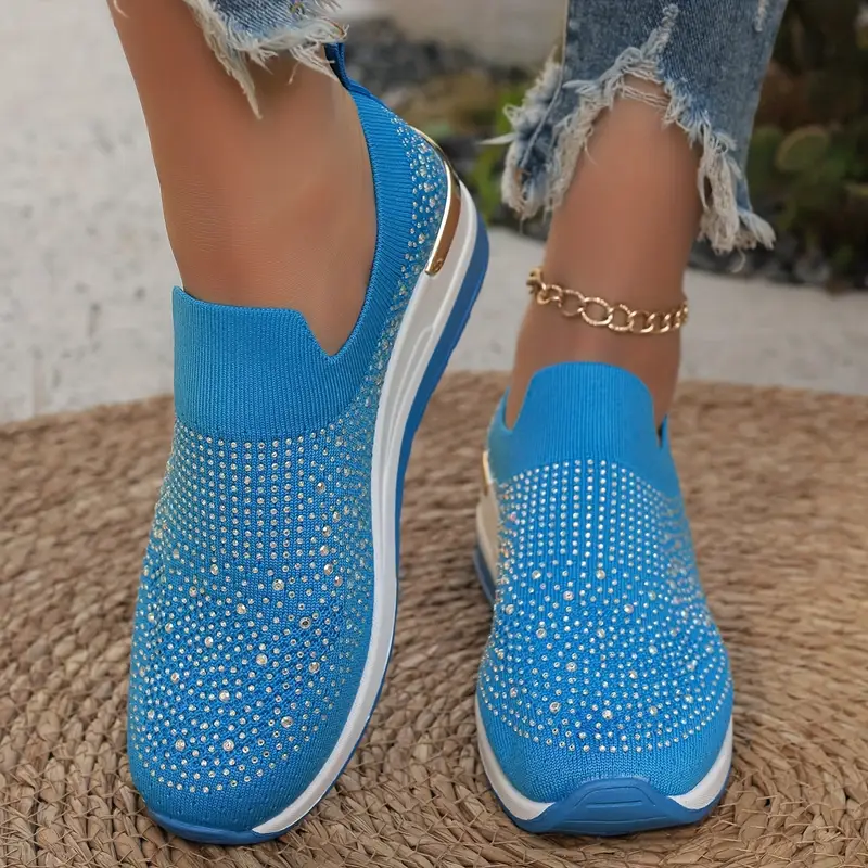 Women's Rhinestone Decor Platform Sneakers Slip-On Outdoor Shoes