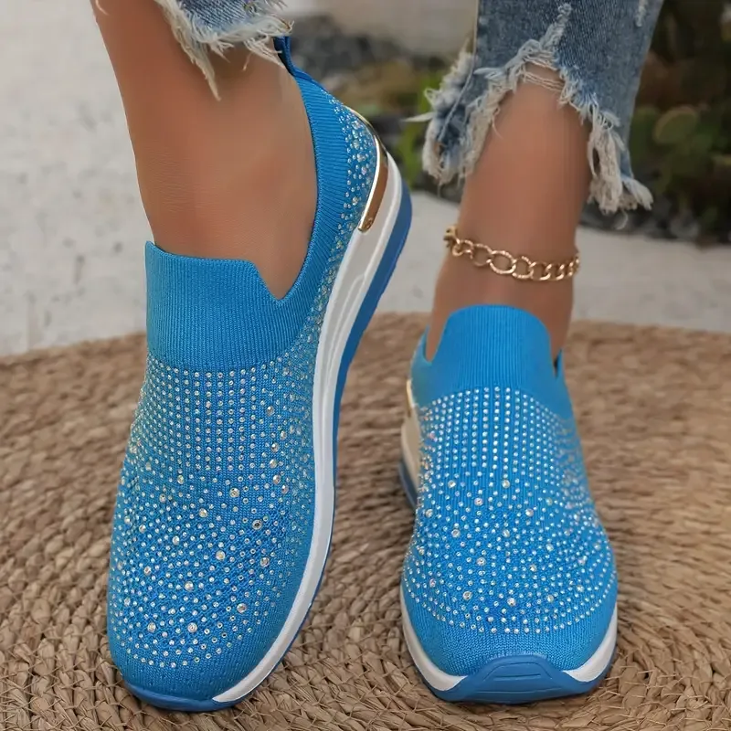 Women's Rhinestone Decor Platform Sneakers Slip-On Outdoor Shoes