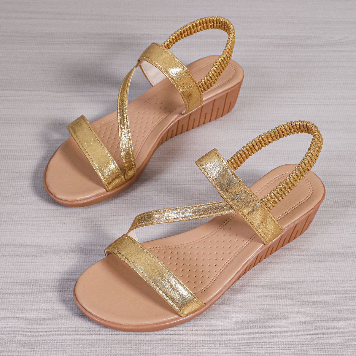 Women's Blingbling Ankle Elastic Strap Wedge Sandals Parties Vacation Beach Shoes