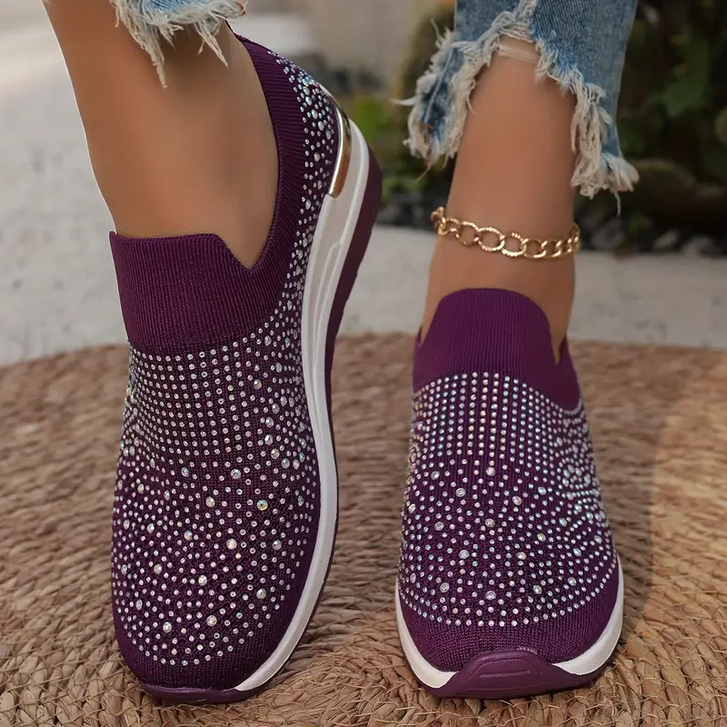 Women's Rhinestone Decor Platform Sneakers Slip-On Outdoor Shoes