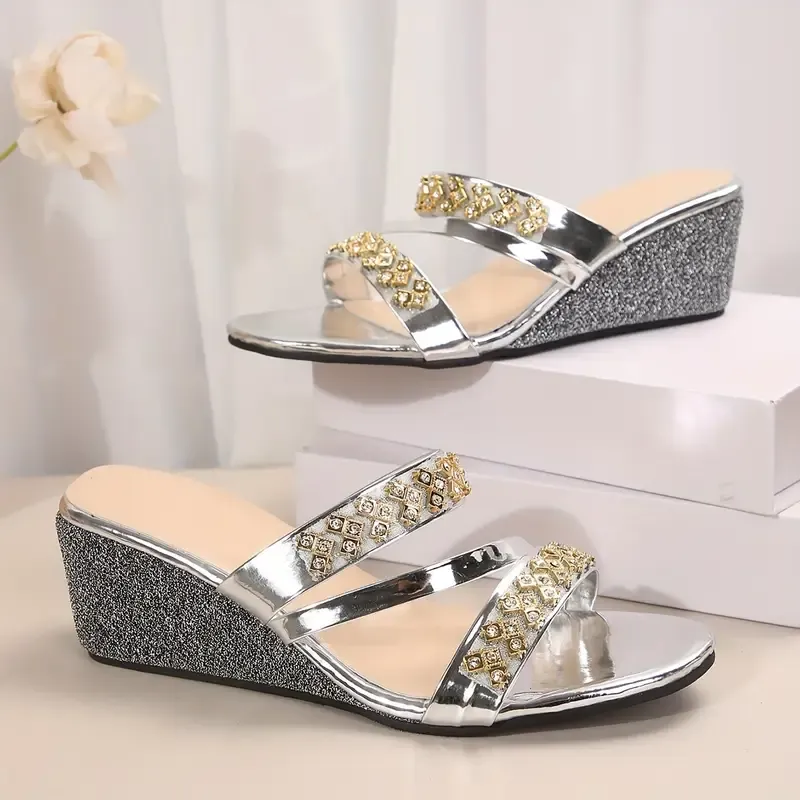 Women's Glamorous Rhinestone Slip-On Wedge Sandals