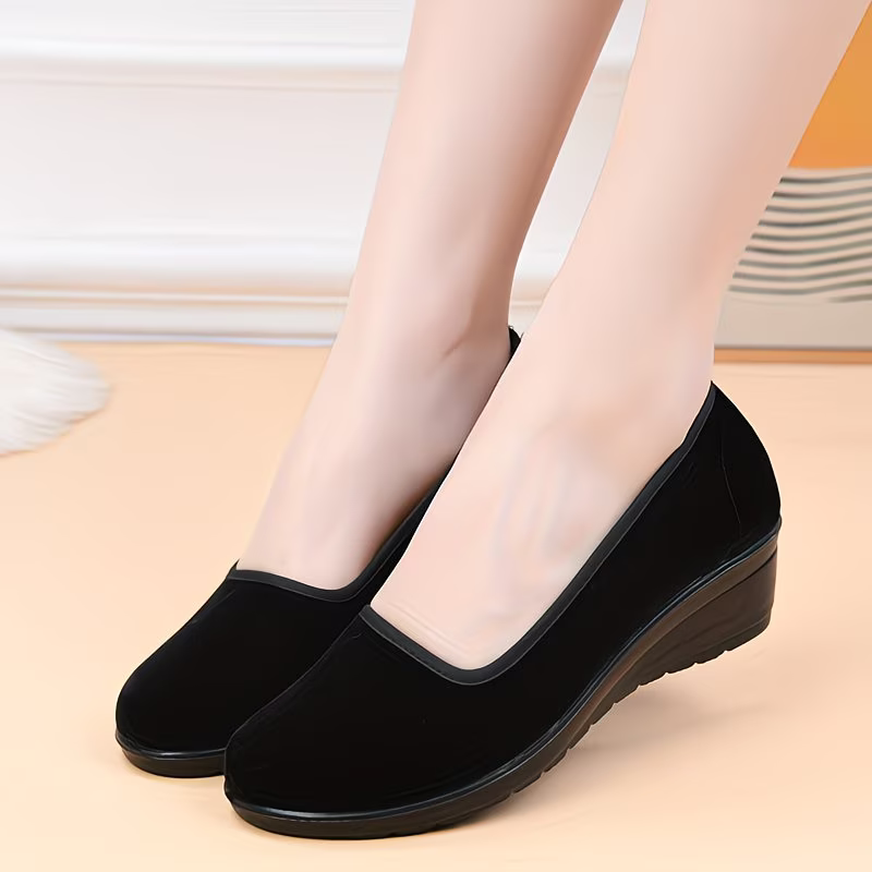 Women's Classic Black Wedge Slip-on Shoes for Long Standing