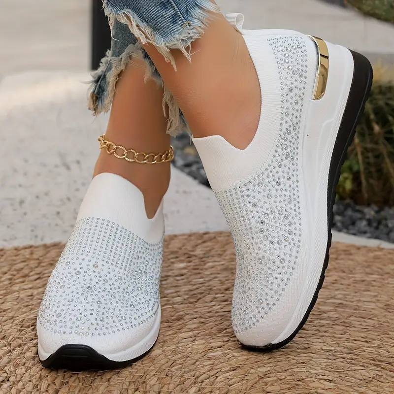 Women's Rhinestone Decor Platform Sneakers Slip-On Outdoor Shoes