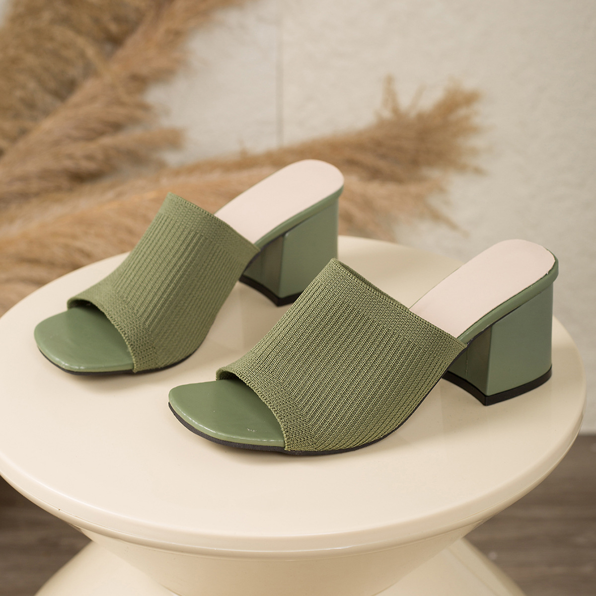 Chic Stretchy Knit Block‑Heel Mule Sandals
