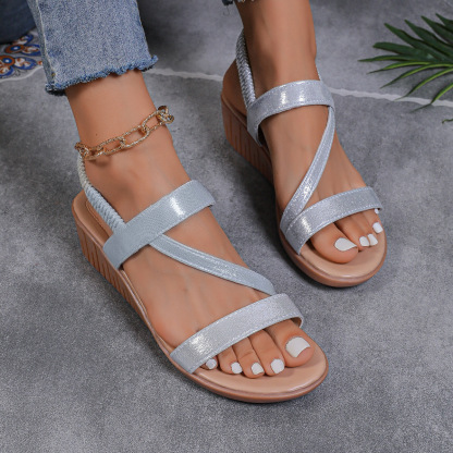 Women's Blingbling Ankle Elastic Strap Wedge Sandals Parties Vacation Beach Shoes