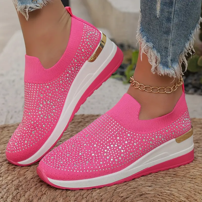 Women's Rhinestone Decor Platform Sneakers Slip-On Outdoor Shoes