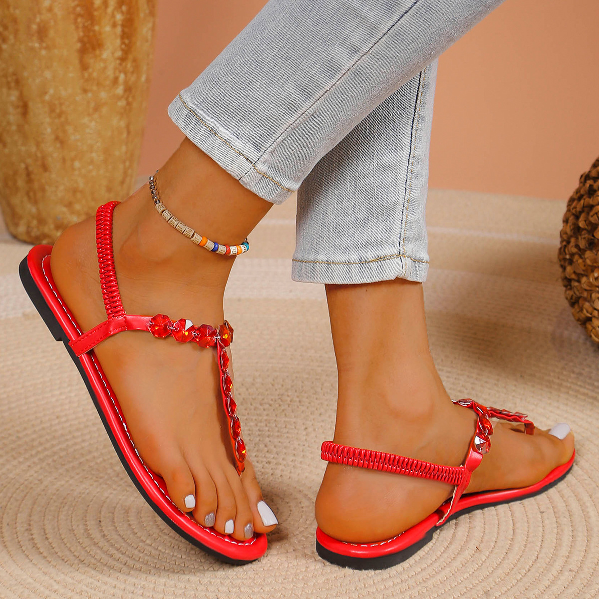 Women's Rhinestone Crystal Elastic Slingback Thong Flat Summer Sandals