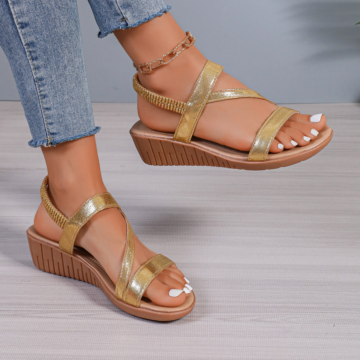 Women's Blingbling Ankle Elastic Strap Wedge Sandals Parties Vacation Beach Shoes