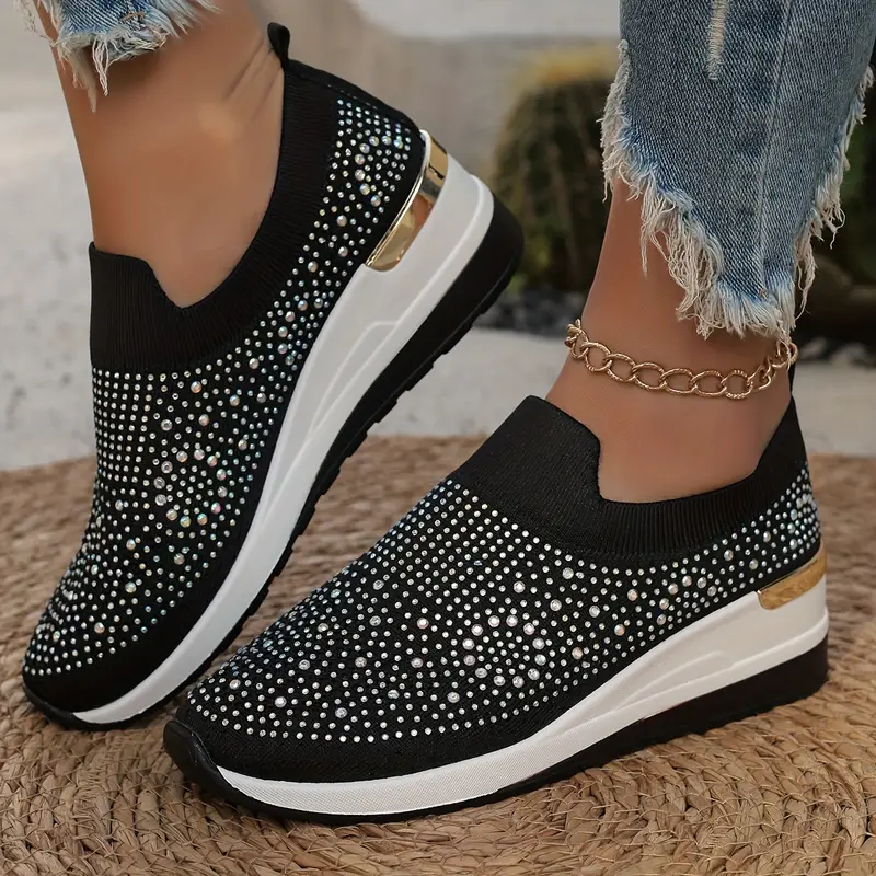 Women's Rhinestone Decor Platform Sneakers Slip-On Outdoor Shoes