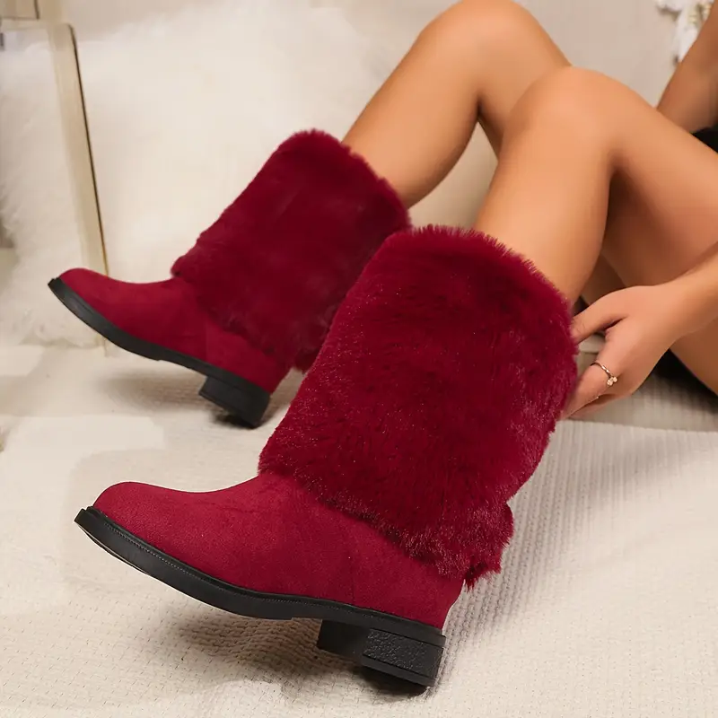 Women's Cozy Fluffy Slip-on Mid-Calf Boots 