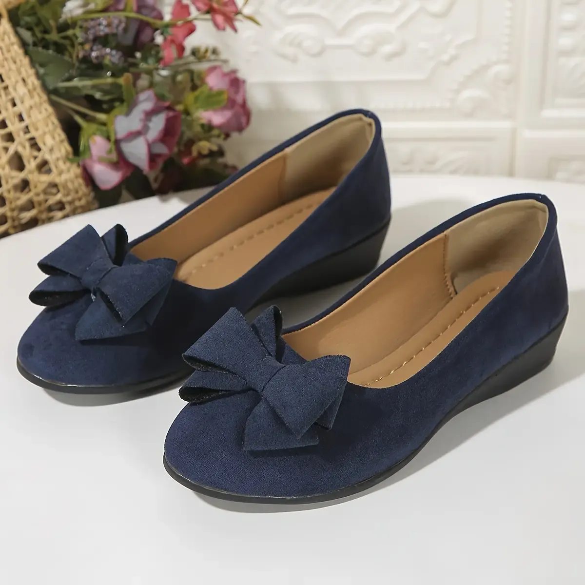 [One Bowknot Wedge Heeled Shoes] Women's Bowknot Decor Lightweight & Comfortable Wedge Heeled Slip On Shoes