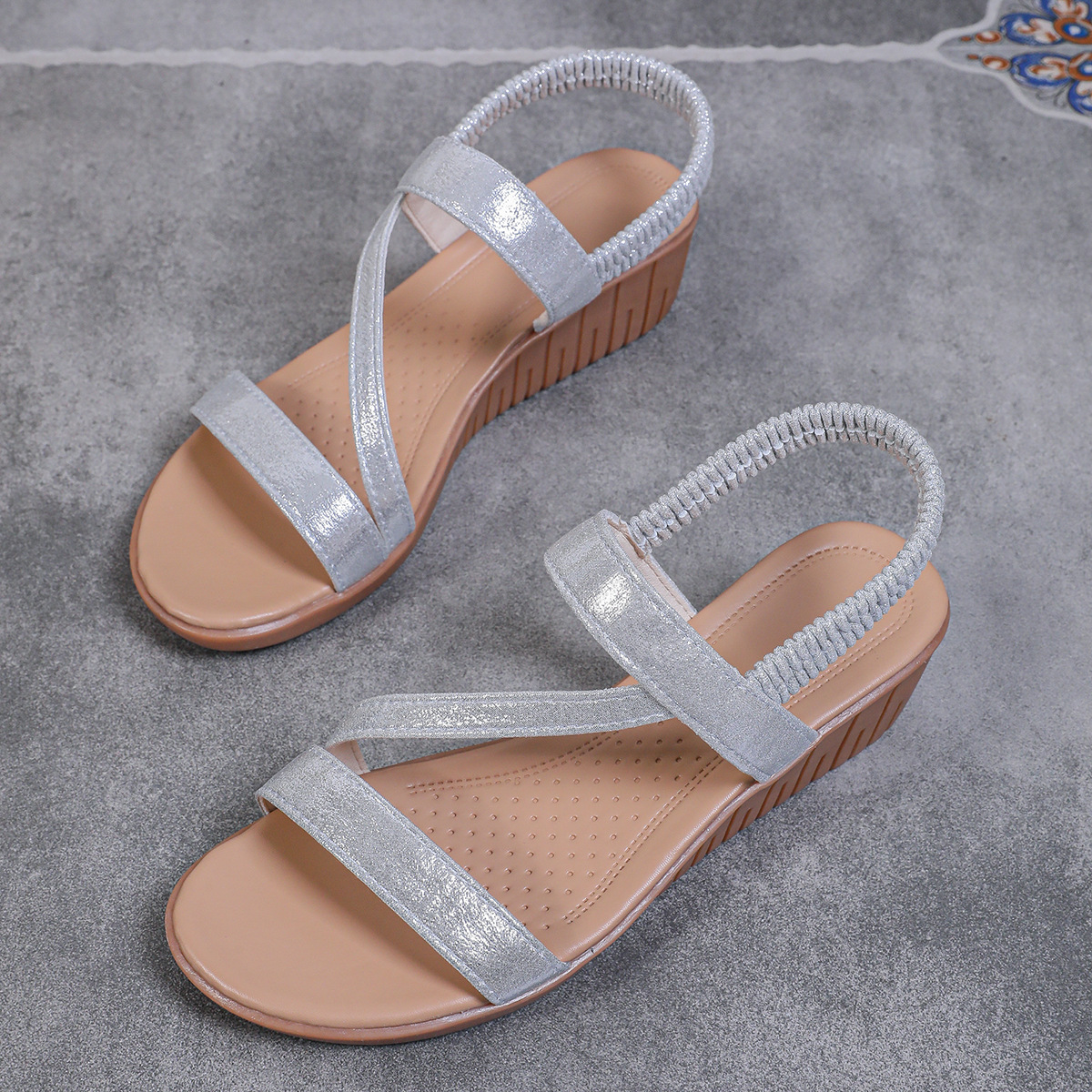 Women's Blingbling Ankle Elastic Strap Wedge Sandals Parties Vacation Beach Shoes