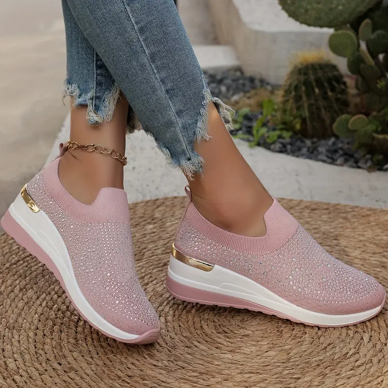 Women's Rhinestone Decor Platform Sneakers Slip-On Outdoor Shoes