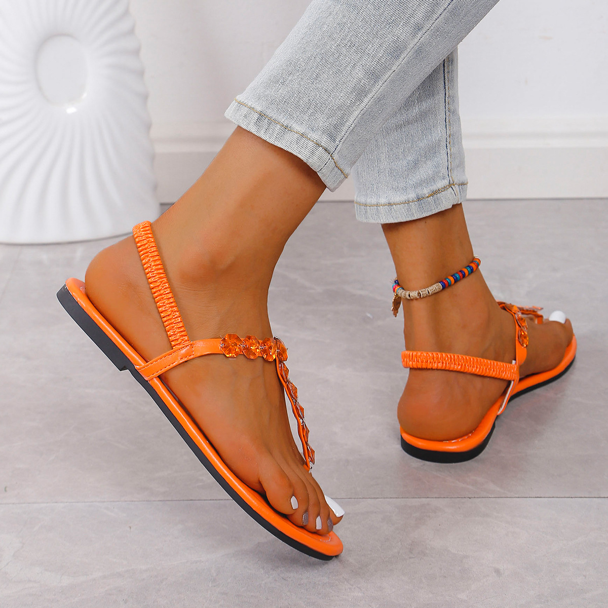 Women's Rhinestone Crystal Elastic Slingback Thong Flat Summer Sandals