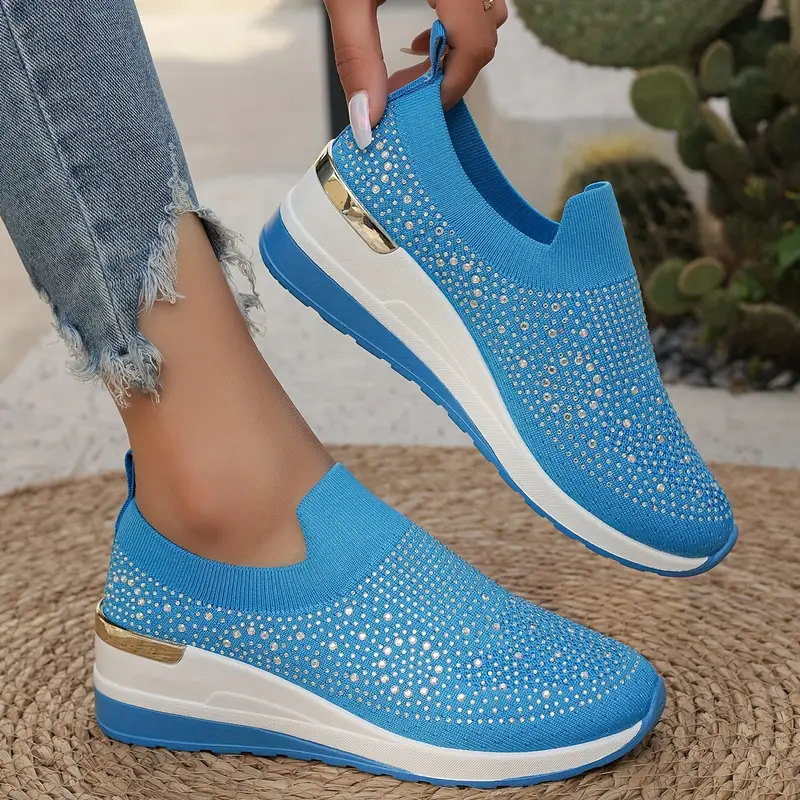 Women's Rhinestone Decor Platform Sneakers Slip-On Outdoor Shoes