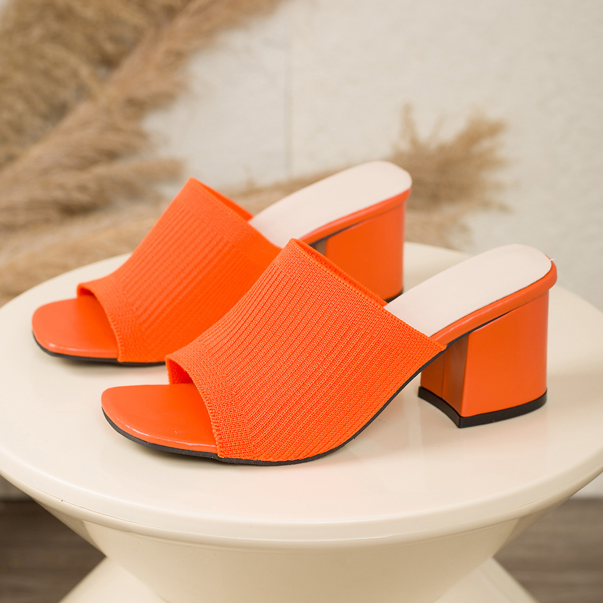 Chic Stretchy Knit Block‑Heel Mule Sandals