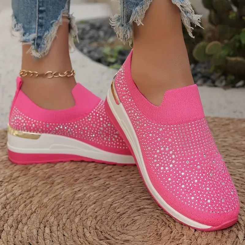 Women's Rhinestone Decor Platform Sneakers Slip-On Outdoor Shoes