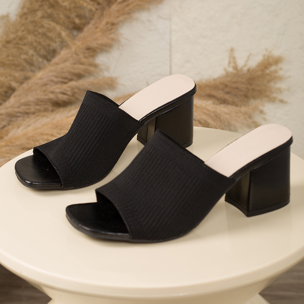 Chic Stretchy Knit Block‑Heel Mule Sandals