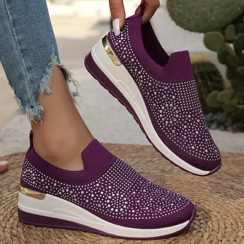 Women's Rhinestone Decor Platform Sneakers Slip-On Outdoor Shoes