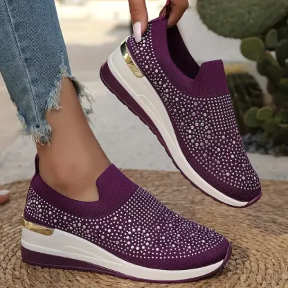 Women's Rhinestone Decor Platform Sneakers Slip-On Outdoor Shoes