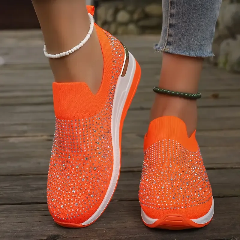 Women's Rhinestone Decor Platform Sneakers Slip-On Outdoor Shoes
