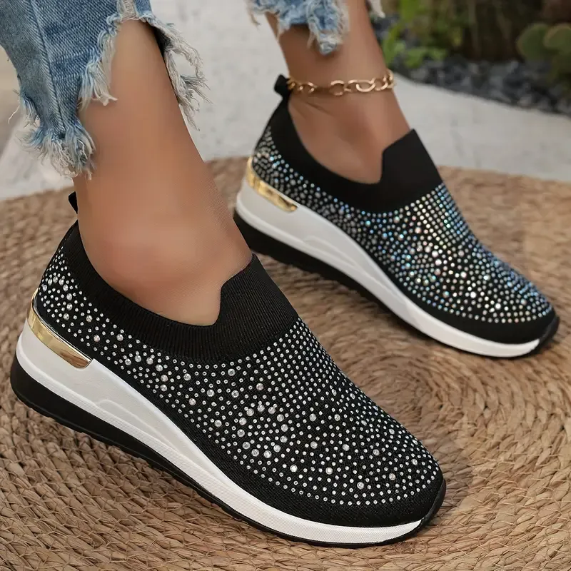 Women's Rhinestone Decor Platform Sneakers Slip-On Outdoor Shoes