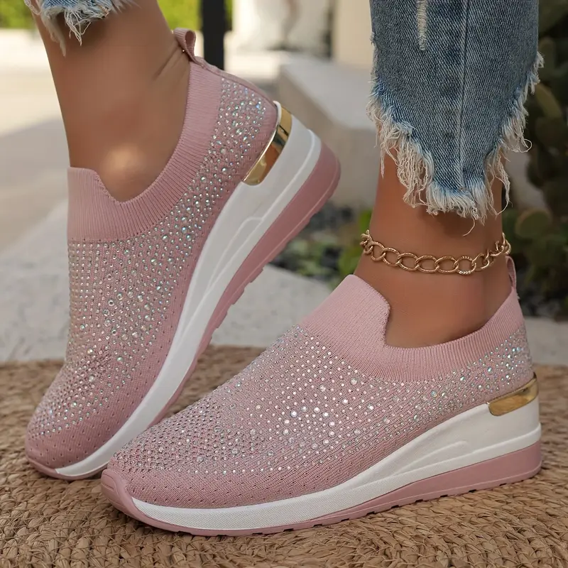 Women's Rhinestone Decor Platform Sneakers Slip-On Outdoor Shoes