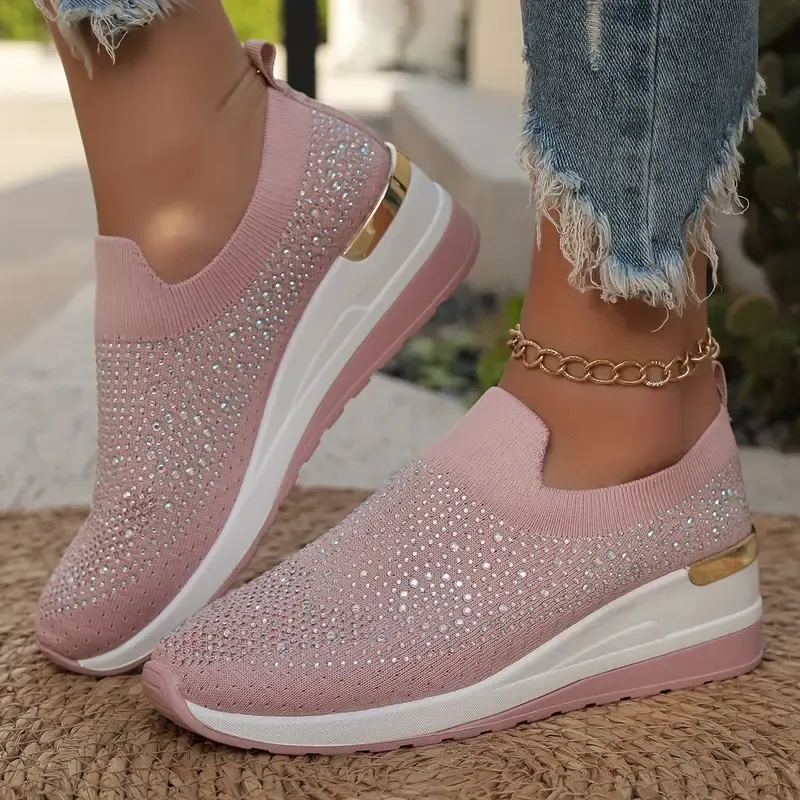 Women's Rhinestone Decor Platform Sneakers Slip-On Outdoor Shoes
