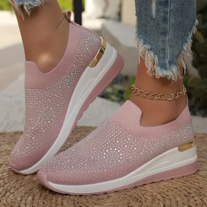 Women's Rhinestone Decor Platform Sneakers Slip-On Outdoor Shoes