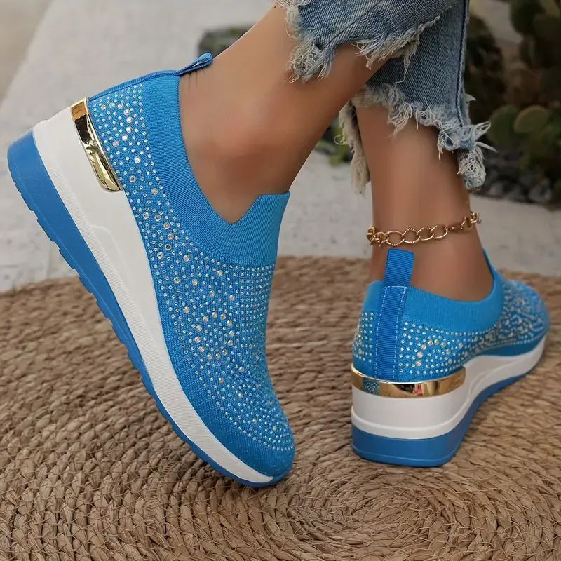 Women's Rhinestone Decor Platform Sneakers Slip-On Outdoor Shoes