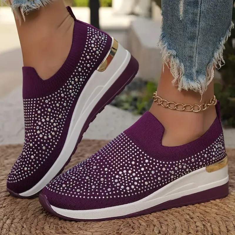 Women's Rhinestone Decor Platform Sneakers Slip-On Outdoor Shoes