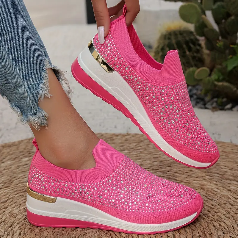 Women's Rhinestone Decor Platform Sneakers Slip-On Outdoor Shoes