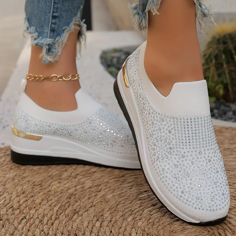 Women's Rhinestone Decor Platform Sneakers Slip-On Outdoor Shoes