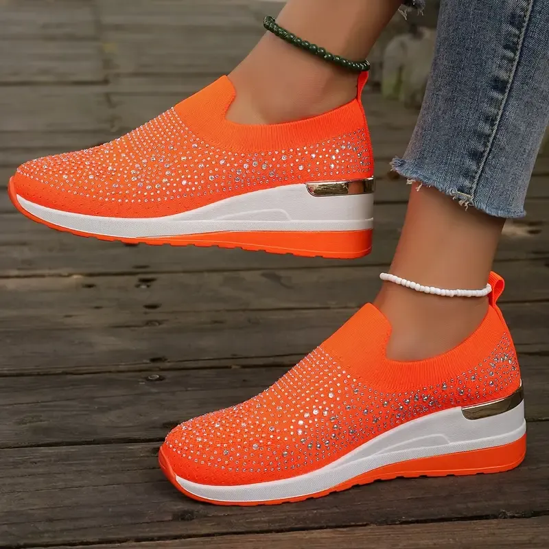 Women's Rhinestone Decor Platform Sneakers Slip-On Outdoor Shoes