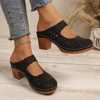 Women's Summer Soft Bottom Hollow Thick Heel Leather Sandals