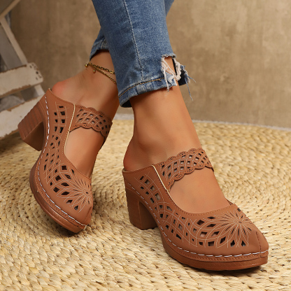 Women's Summer Soft Bottom Hollow Thick Heel Leather Sandals