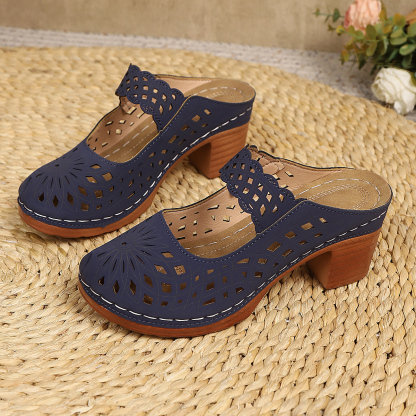 Women's Summer Soft Bottom Hollow Thick Heel Leather Sandals