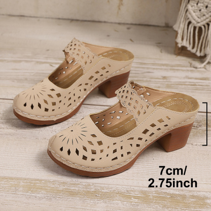 Women's Summer Soft Bottom Hollow Thick Heel Leather Sandals