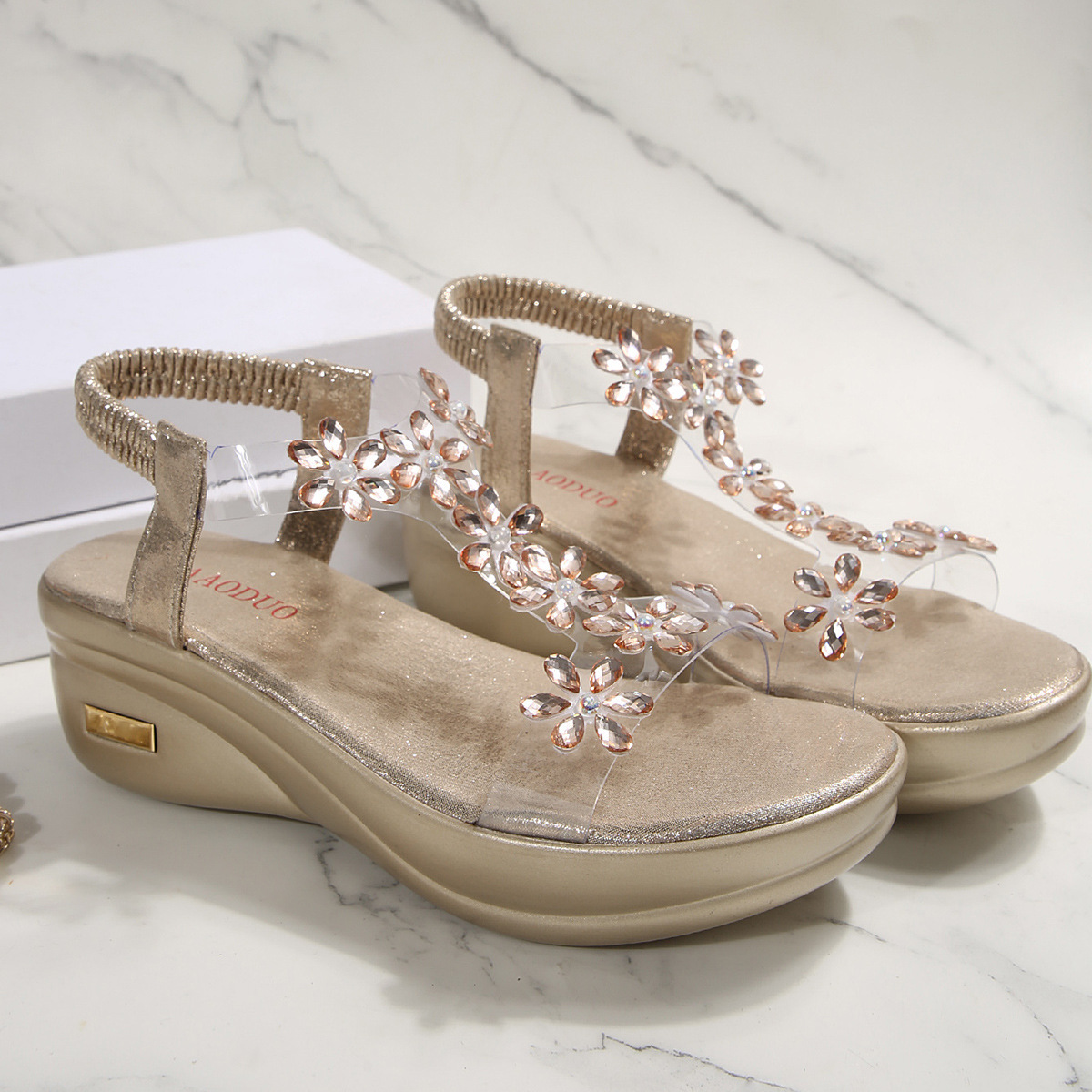 Women's Fashion Flower Rhinestone Elastic Band Platform Wedge Sandals