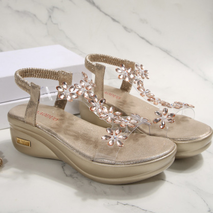 Women's Fashion Flower Rhinestone Elastic Band Platform Wedge Sandals