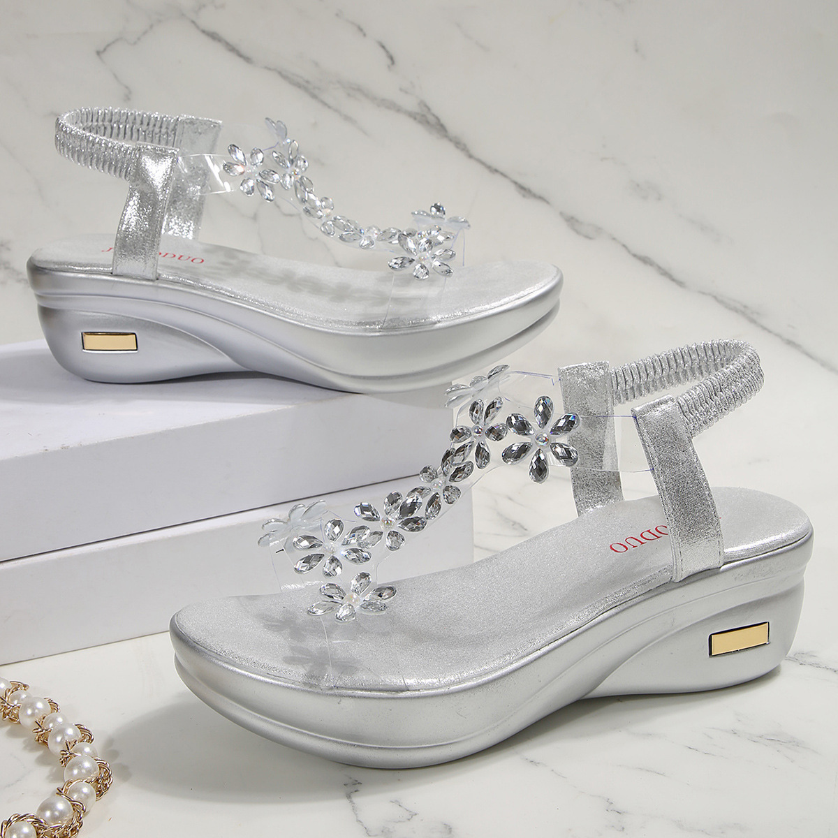 Women's Fashion Flower Rhinestone Elastic Band Platform Wedge Sandals